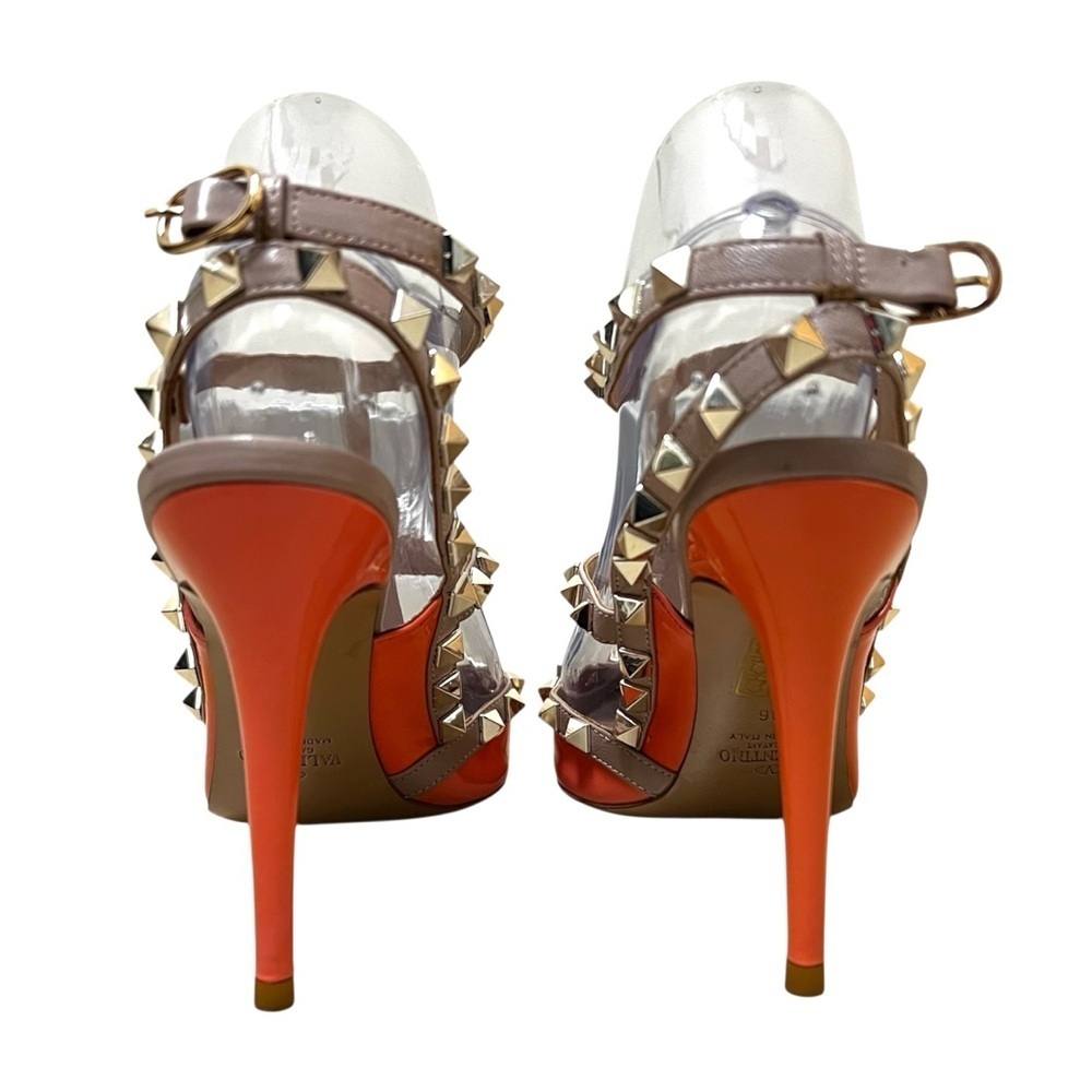 Valentino 6 Calfskin Nappa Rockstud T-Strap Patent Orange Poudre Pumps Heels - Picture 7 of 16